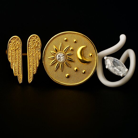 Wild Fable Gold Tone Ring Set – Moon & Stars, Wing Design & Crystal Accent Rings - Picture 1 of 12